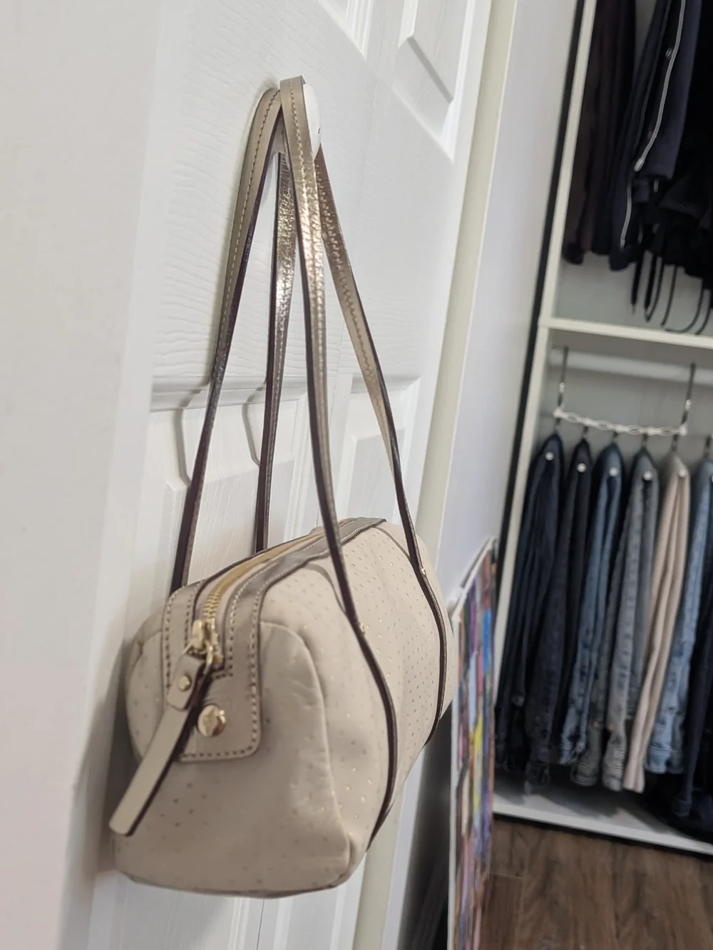 Vintage Y2K Kate Spade Metallic Gold & Cream Barrel Bag w/ Card - Mint Condition